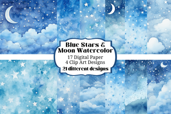 Unlock Your Creative Projects with Blue Stars Moon Watercolor Backgrounds